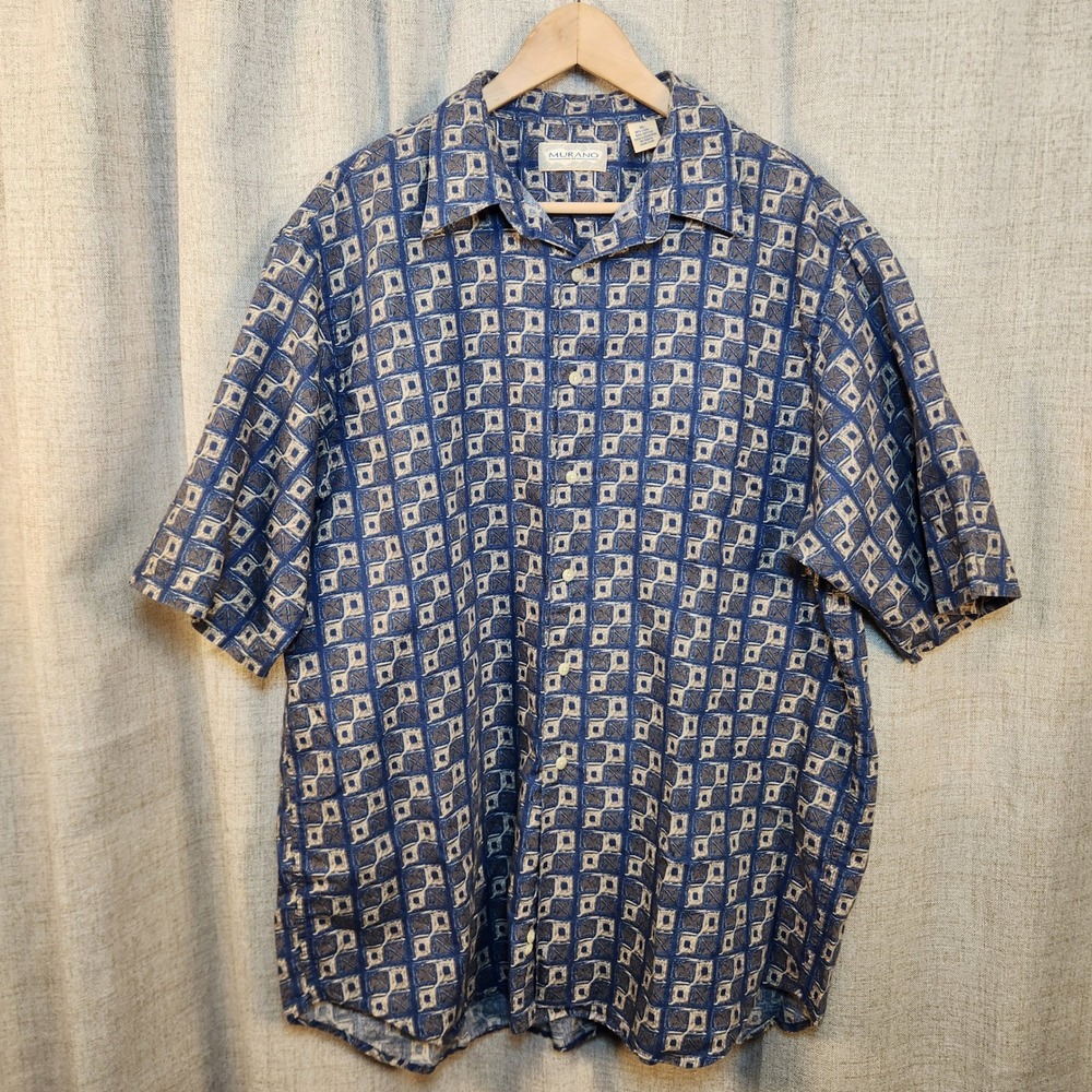 Murano Short Sleeve Button Up Shirt Men's XL Blue Plaid Abstract Linen Blend VTG
